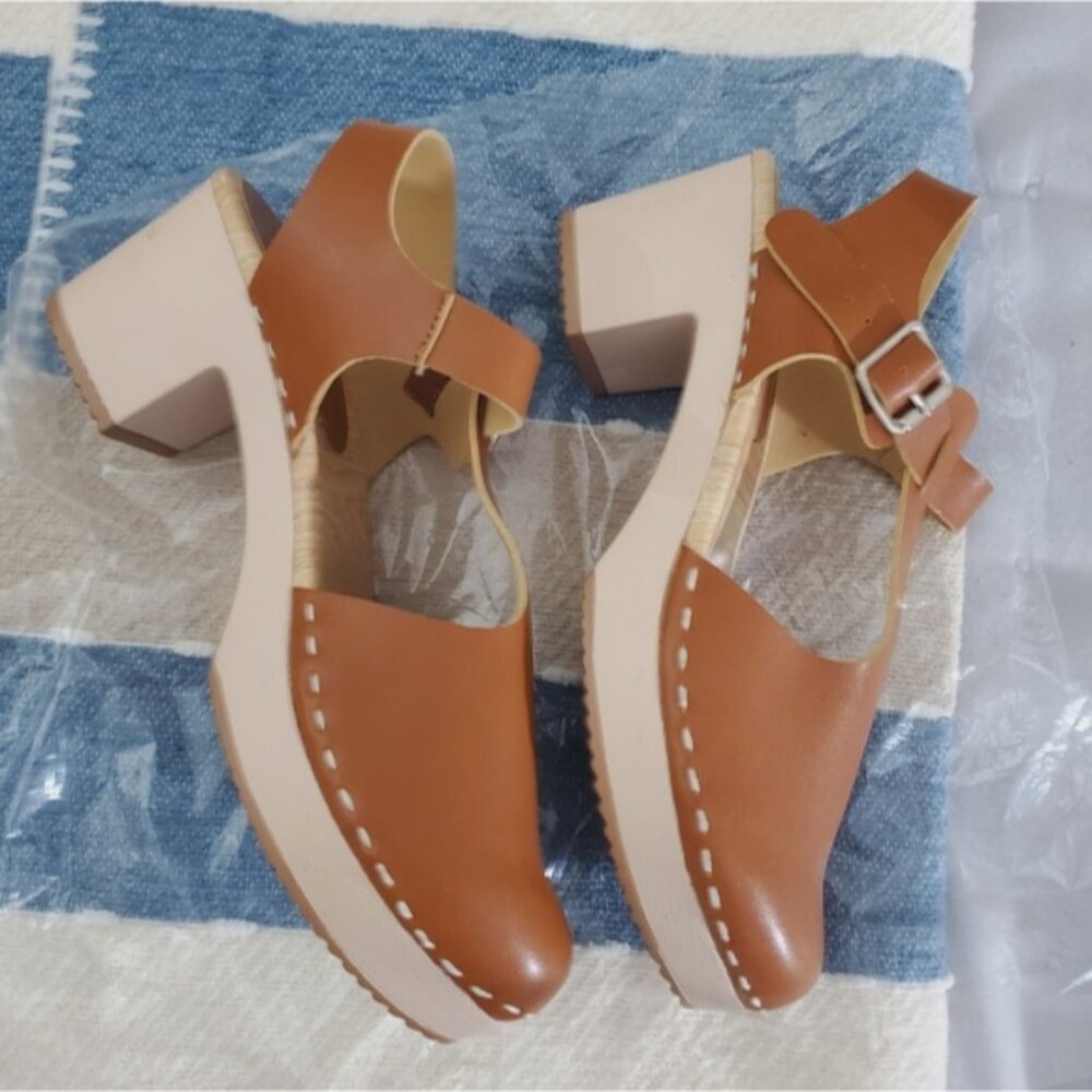 New Swedish Inspired Clogs Block Heel In Camel - Picture 5 of 9